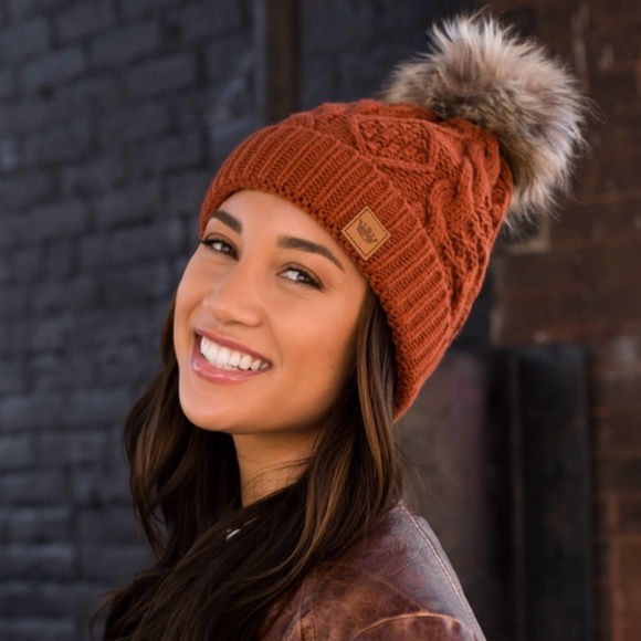 SOLD OUT Rust Orange Cable Knit Faux Fur Pompom Fleece Lined Women's Winter Hat - Picture 2 of 3